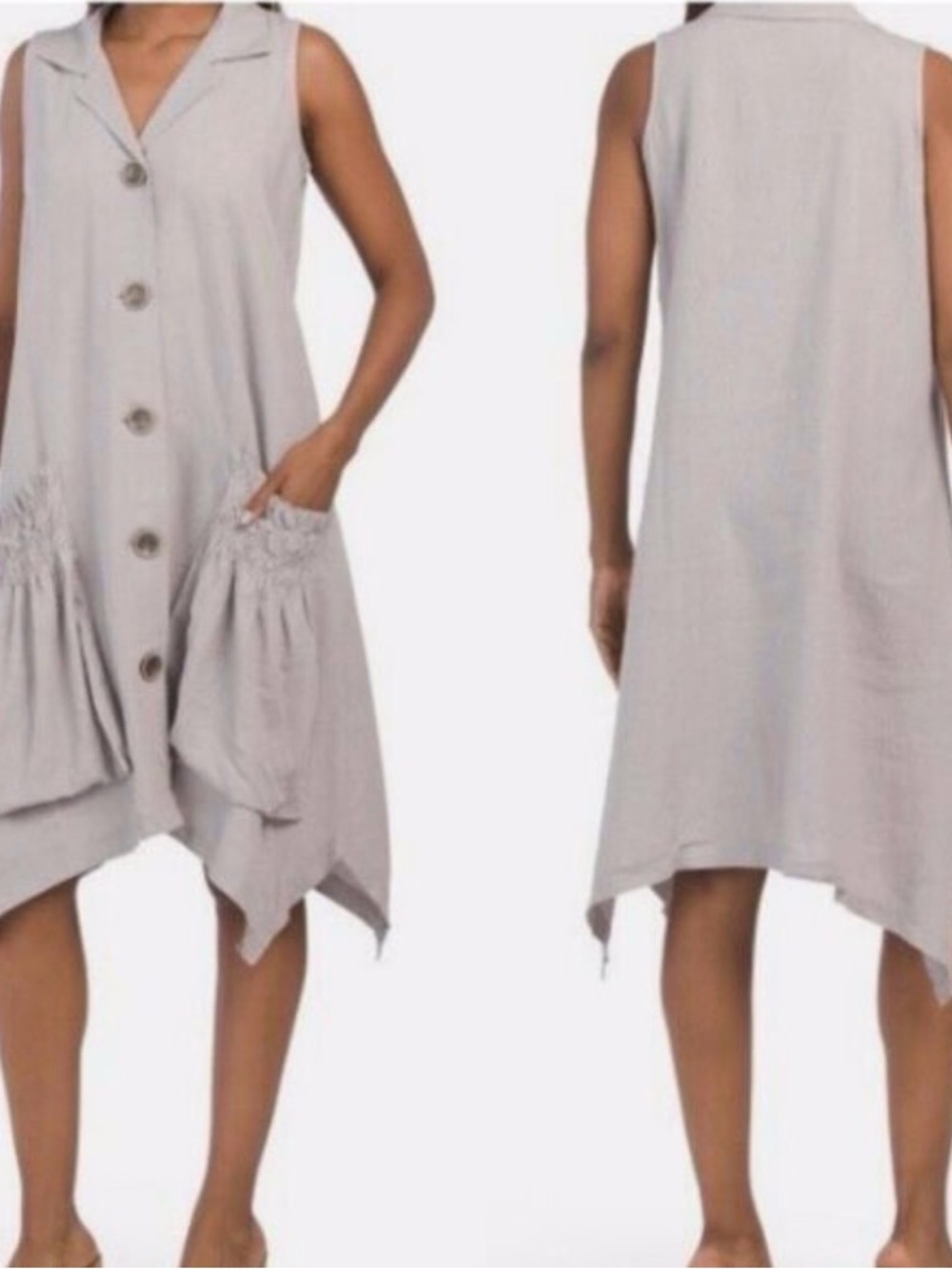 For Cynthia Sleeveless Asymmetrical Button-Front Dress in Light Gray